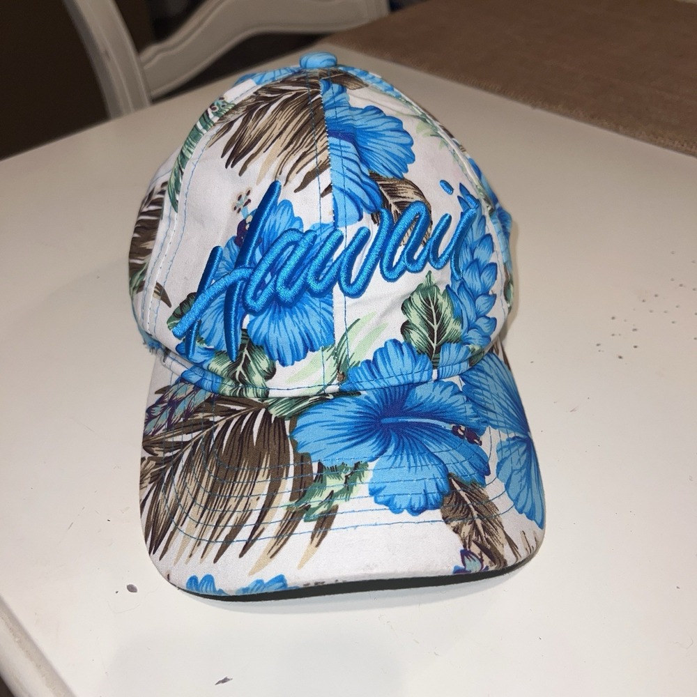 Hawaii Floral Tropical Cloth Cap Hat Raised embroidered adjustable Blue Tan